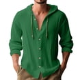 thumbnail image 2 of Chbgutlmr Cotton Linen Shirts for Men Drawstring Long Sleeve Button down Hooded T-Shirts Casual Loose Lightweight Plain Tops2XLGreen, 2 of 8