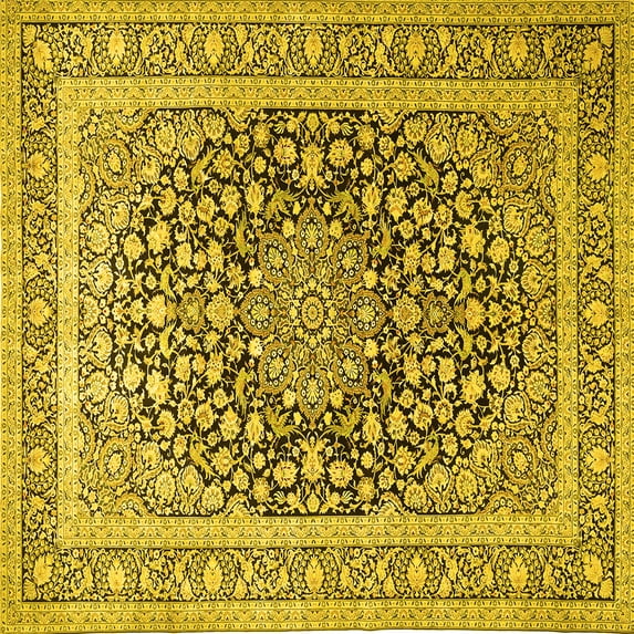 Ahgly Company Machine Washable Indoor Square Medallion Yellow Traditional Area Rugs, 8' Square