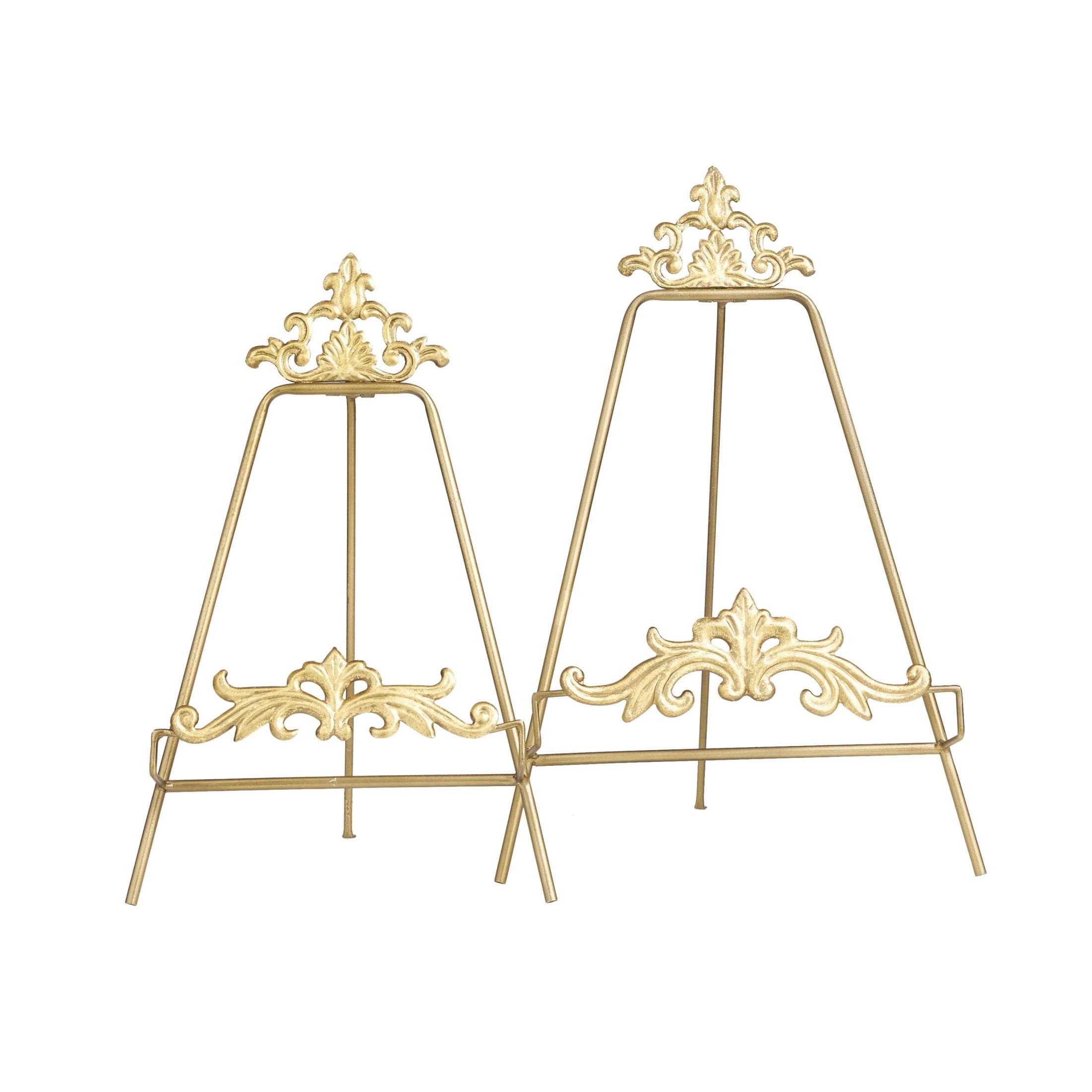 DecMode 16", 14"H Gold Metal Ornate Tabletop Arabesque Fleur De Lis Easel with Scroll Finial, 2-Pieces