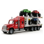 Vokodo Toy Semi Truck And Hauler 14.5" Push And Go With Four Lifted Pickup Cars Kids Friction Powered Big Rig Auto Carrier Transporter Trailer Semi-Truck Play Vehicle Great Gift For Children Boys Girl