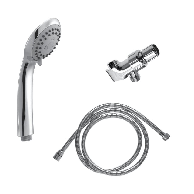 The akuaplus® - Kit 3 settings hand shower with shower arm holder includes a chrome hand shower with three spray settings, a flexible 59 in. stainless steel hose with brass fittings, and a chrome shower arm holder with a flow regulator for water efficiency.