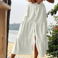 thumbnail image 6 of Womens Elastic High Waist Tiered Ruffle Midi Skirt Front Split Button Down Solid Boho Long Skirt for Summer Casual Wear White S(S), 6 of 7