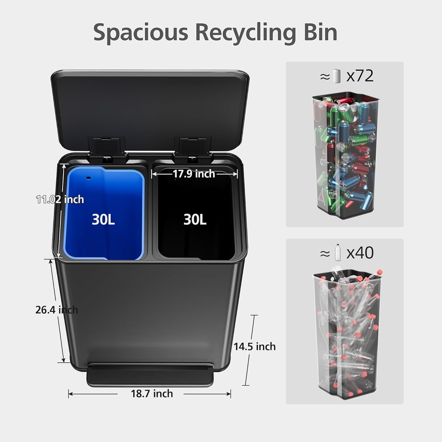 Garvee Stainless Steel 16 Gallon Trash Can, Step-On Dual Trash Bin, Black