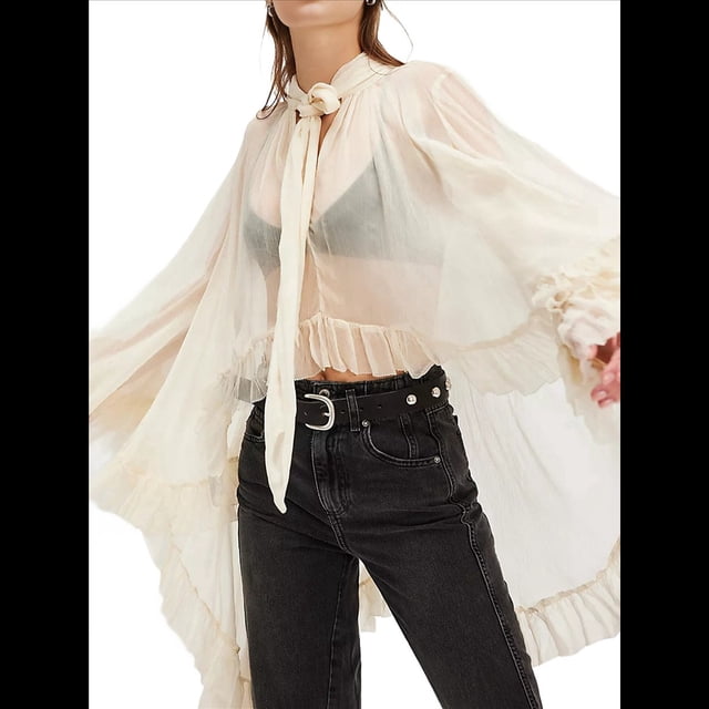 Blusa de Transparente con Volantes y Mangas Largas Acampanadas para Mujer, con Dobladillo Alto y Bajo, Sexy y Holgada L