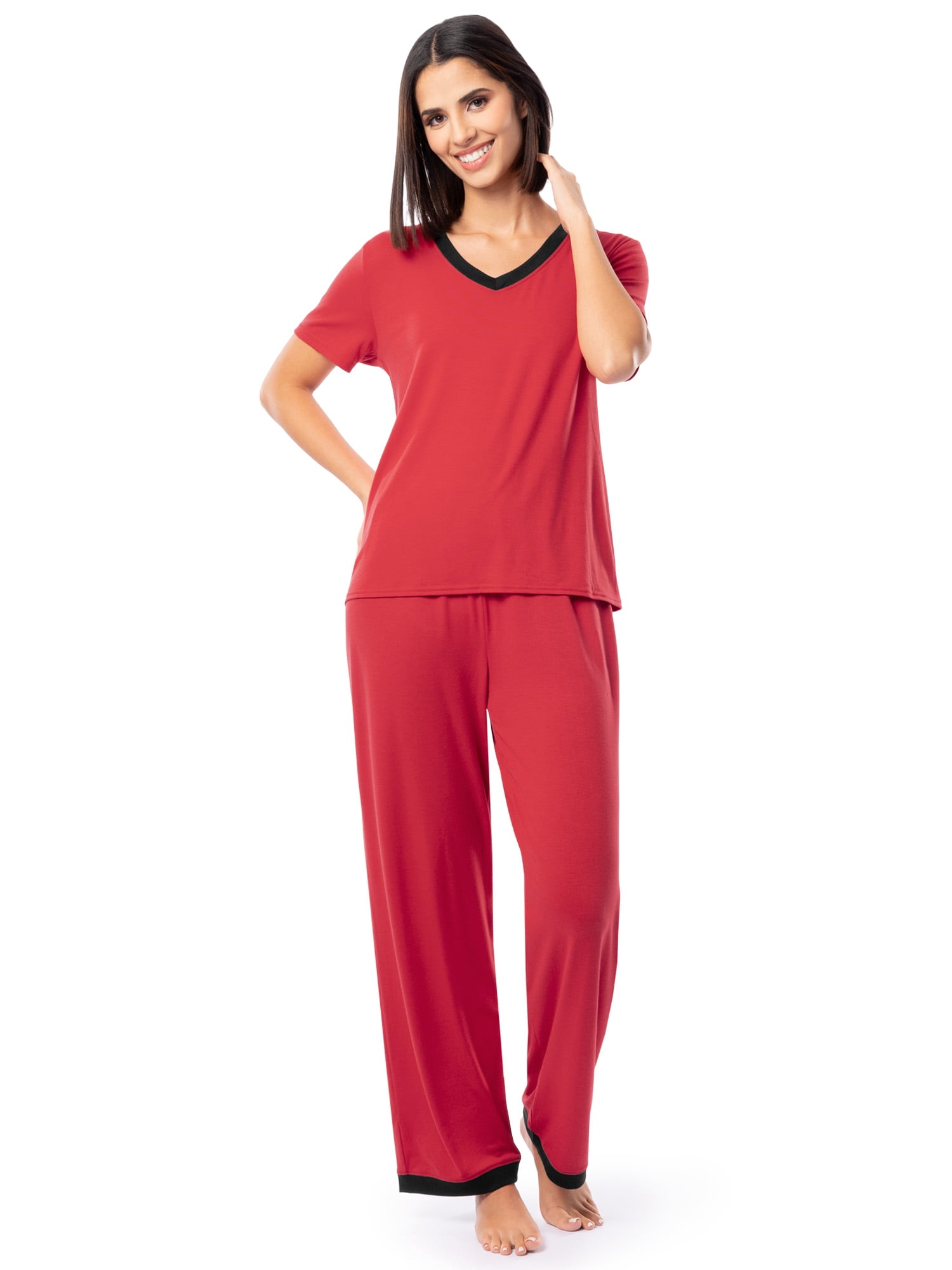 Fruit of the Loom Women's Soft & Breathable V-Neck Short Sleeve Top & Pajama Pant Set, Sizes S-4X