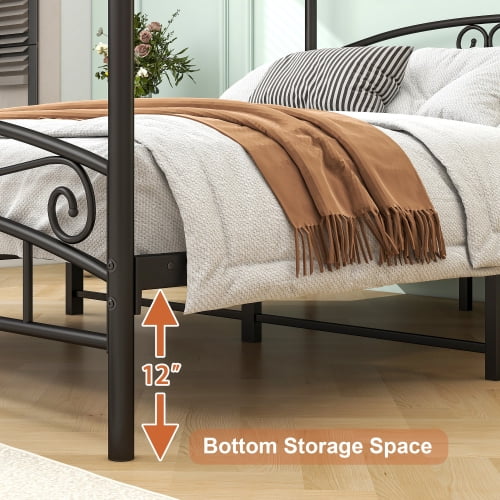 Royard Oaktree Queen Size Metal Canopy Bed Frame with Ornate European Style Headboard & Footboard Sturdy Steel H/Under-Bed Storage Space/No Box Spring Needed/Black