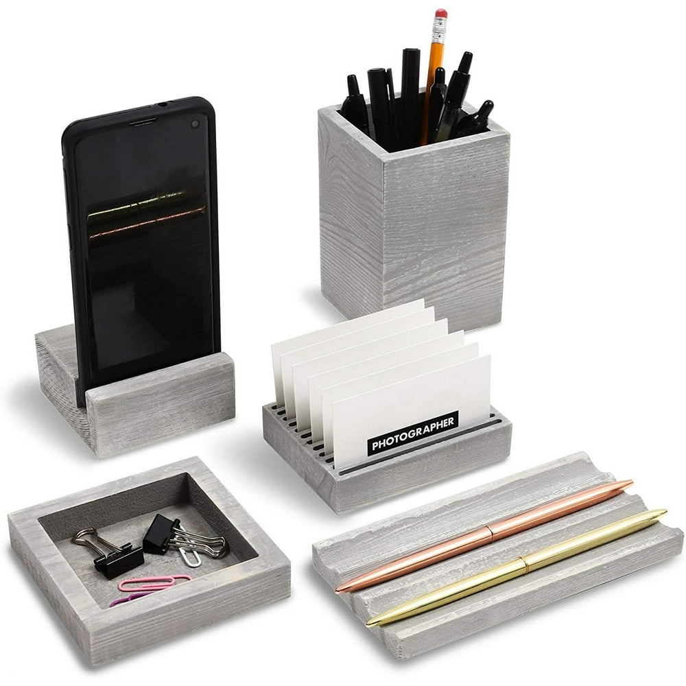 Set of 5 Rustic Wooden Desk Organizer Pen, Sticky Note & Business Card