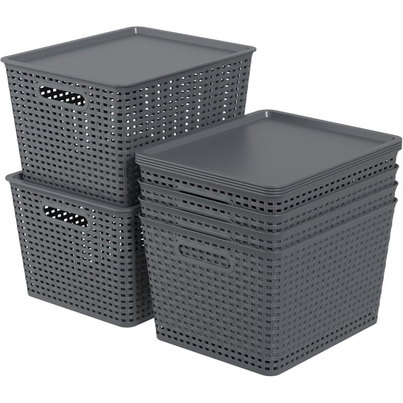 Large Lidded Storage Basket, Plastic Organizer Bin with Lid, Grey, 6 Packs Stackable Baskets