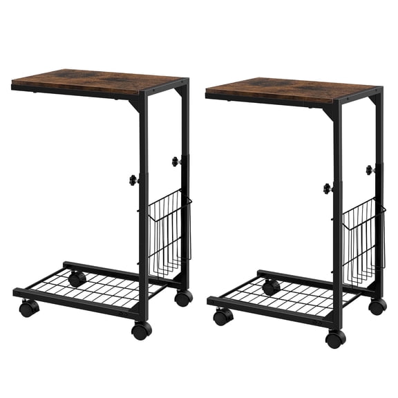 OYEAL 2 Pcs C-Shaped Side Tables, Adjustable Height End Tables with Wheels,  Side Tables for Living Room ＆ Bedroom.(Rustic Brown)