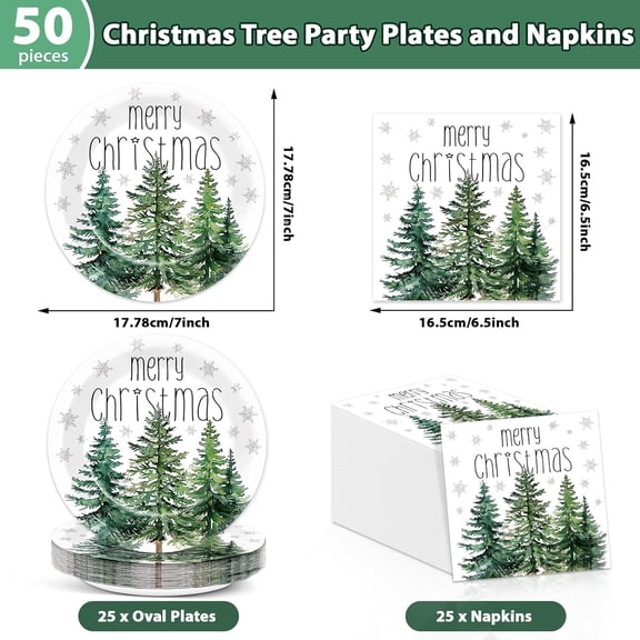 YUYAN-50Pcs Christmas Tree Paper Plates and Napkins Merry Christmas Watercolor Green Cedar Snowflake Party Tableware Set Xmas Pine Trees Disposable Dinnerware for Winter Xmas Holiday Party Decor Supp