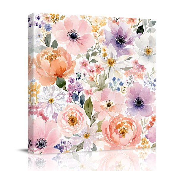 Canvas Wall Art, Spring Floral Framed Canvas Prints for Bedroom Office, Summer Colorful Watercolor Botanical Large Gallery Wrapped Wall Decor for Home Office, Gifts, 16"x16" Ship Next Day