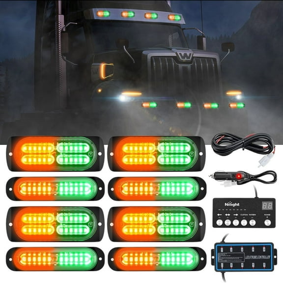 Nilight 8PCS Led Strobe Lights with Controller 12V 24V Sync Feature Amber Green Light 12 24 LED Surface Mount Emergency Hazard Warning for Vehicle Car Truck RV ATV