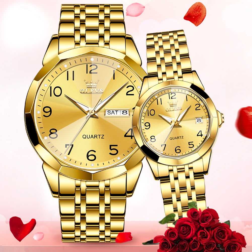 OLEVS Valentines Couple Pair Quartz Watches Luminous Calendar Date Window 3ATM Waterproof, Casual Stainless Steel His and Hers Wristwatch for Men Women Lovers Wedding Romantic Gifts Set of 2