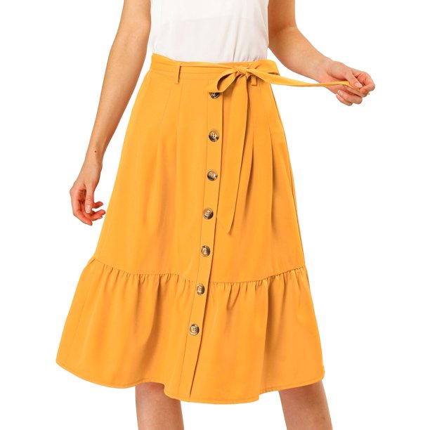 Falda A Media Pierna Con Volantes De Gasa Con Cinturón Y Cintura Alta Vintage Con Decoración De Botones Para Mujer Amarillo XL