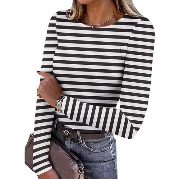 ITSAME Long Sleeve Shirts for Womens, Stretch Fit Striped Crew Neck Casual Pullover Tops Black M