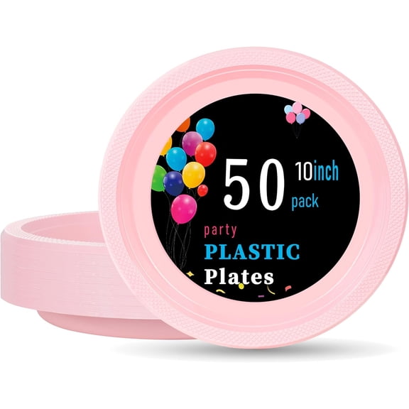 Pink Plastic Plates 10 Inch 50 Count Disposable Plate for Party Easter Mother's Day, Large Big Plates for Dinner Supplies Birthday Party