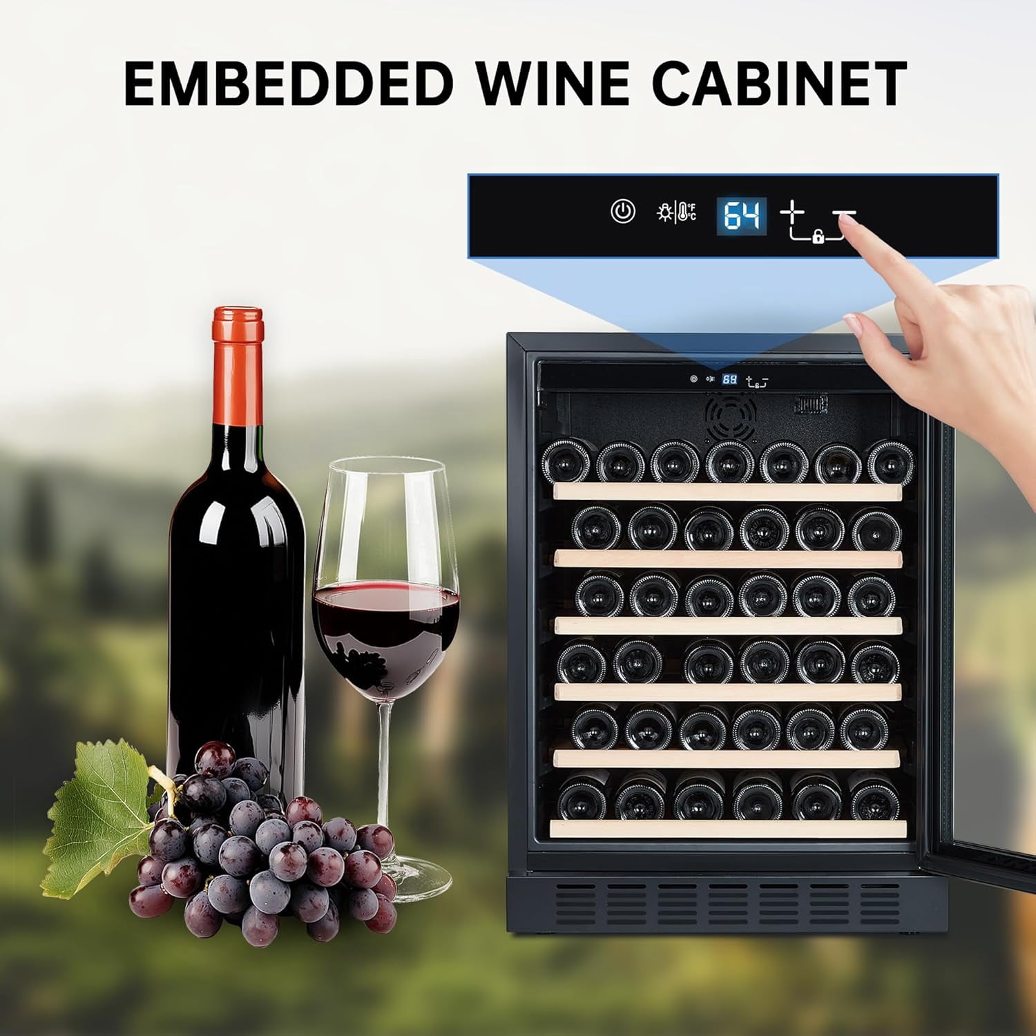 Homhougo Wine Cooler Refrigerator with LED Display - 24 Inch Under Counter Wine Fridge Cabinet, Beverage Cooler with Quiet Compressor & Smart Temperature Control - 46 Bottle Capacity, Black