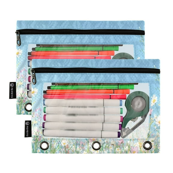 Ckdifva Beautiful Flowers Leaves Pencil Pouch 3 Ring Zipper Pencil Case Binder Pockets Clear Top Cosmetic Bag 2 Pack