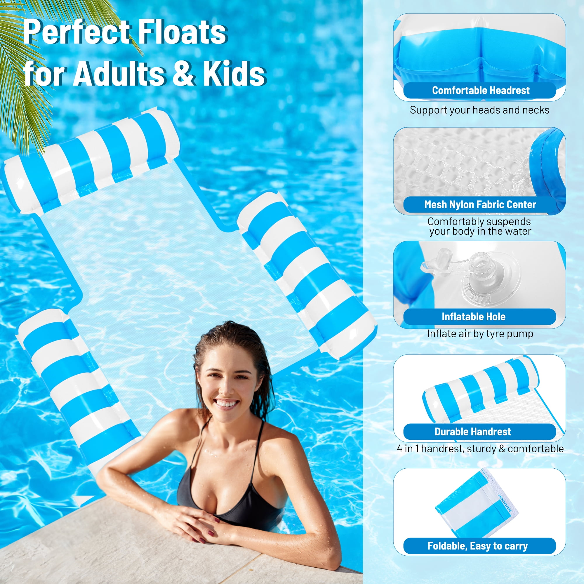 Pool Floats for Adults, KIMHY Pool Floats Rafts with Headrest, Inflatable Pool Lounge Chairs, Floating Water Hammock for Pool Party Summer Water Fun