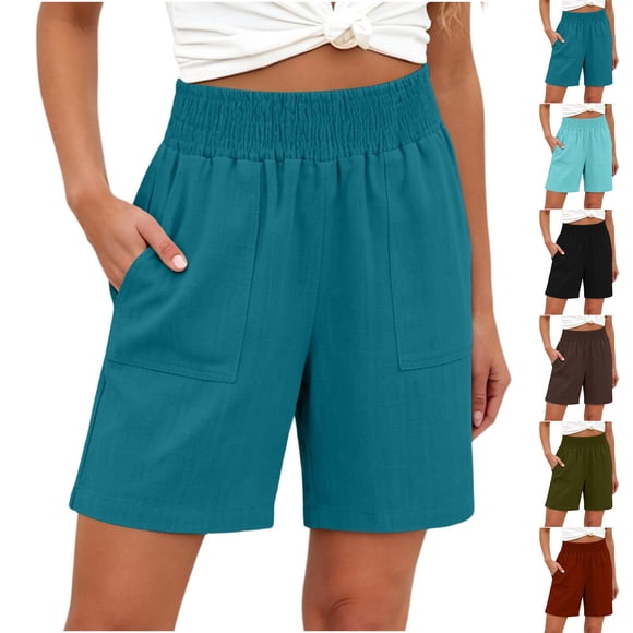 Sentmoon Linen Shorts for Women High Waist Womens Casual Shorts Breathable Solid Color Regular Fit Women's Shorts with Pockets Active for Beach and Vacation Beach Day Essentials S-2XL