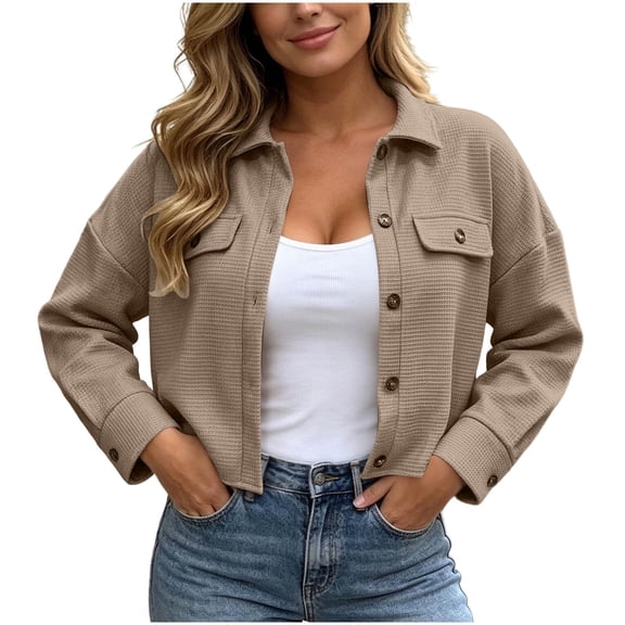 cocolona Womens Cropped Jacket Collar Button Down Long Sleeve Solid Color Fall Trendy Outfits