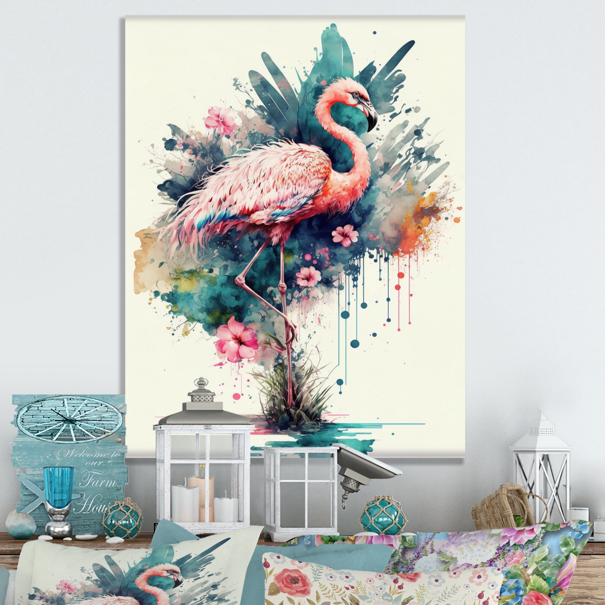 Designart Cute Flamingos Floral Art III Canvas Wall Art