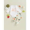 thumbnail image 2 of vera natura Baby Girls 3 Piece Outfit Halloween Letter Print Long Sleeves Romper and Pumpkin Pants Headband Cute Clothes, 2 of 9