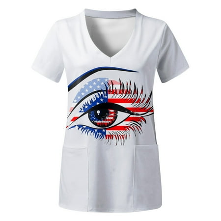

Women Scrub Tops Independence Day V-Neck Short Sleeve Pockets Printed T Shirt For Date Party