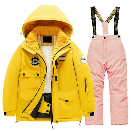 XFHLMJFF Kids Ski Suit Snowsuit With Hooded Children Waterproof Windproof Fleece Ski Overall Winter Snowboarding Warm Snow Suits Long Sleeve Jacket and Pants 2Pcs Size 8-10 Years