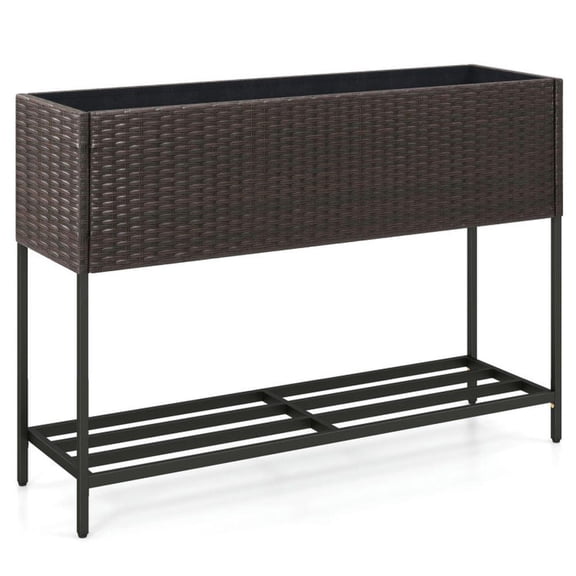 Aimee Lii Wicker Raised Garden Bed with Storage Shelf and Drainage Gaps for Flowers, Patio Plant Stand for Outdoor Garden