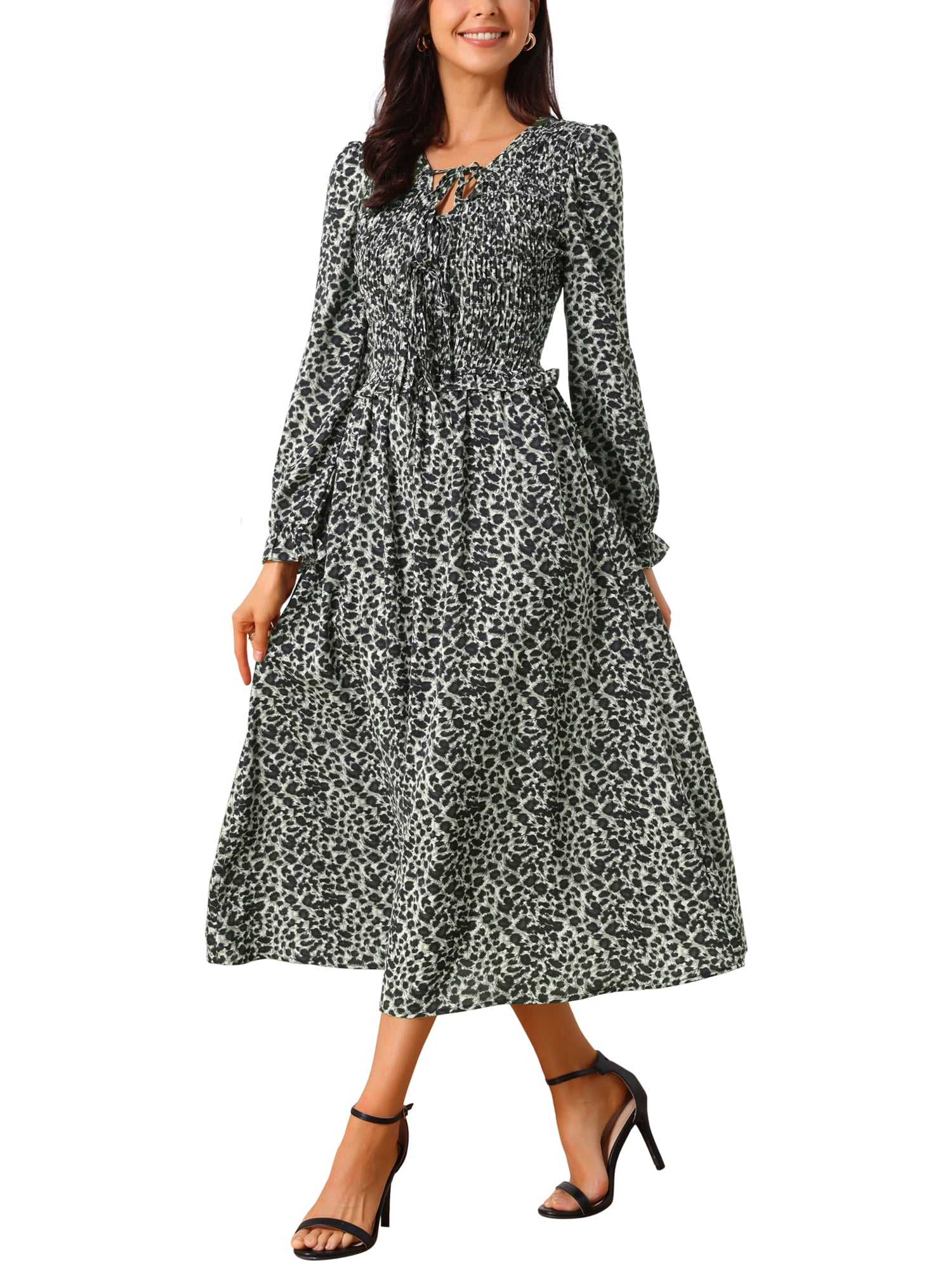 DARING DIVA Women's Leopard Print Long Sleeve Ruffle Tie Dress S Black