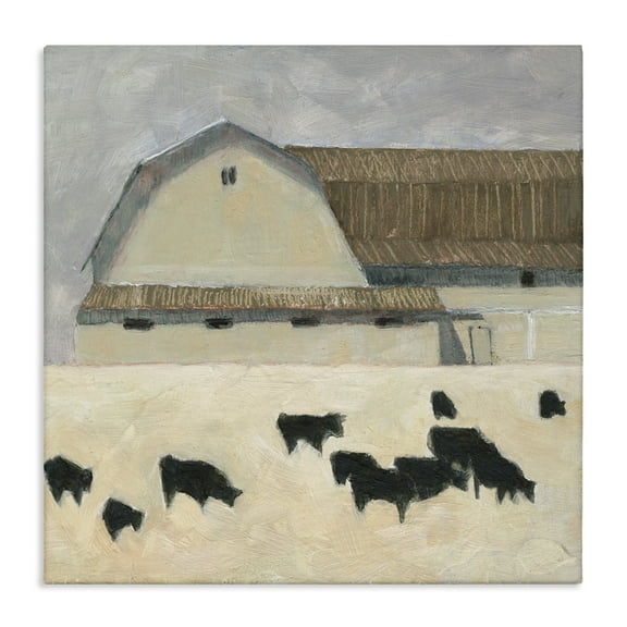 Stupell Industries Grazing Black Farm Cattle Animals & Insects Painting Gallery Wrapped Canvas Art Print Wall Art, 17 x 17