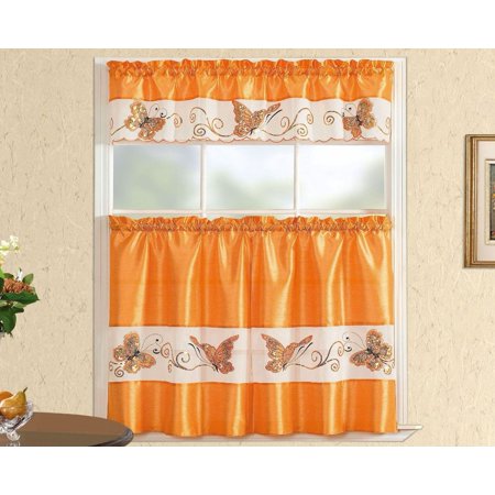 Butterfly Sequins Orange 3Pc Kitchen Curtain Set 36" In - Walmart.com