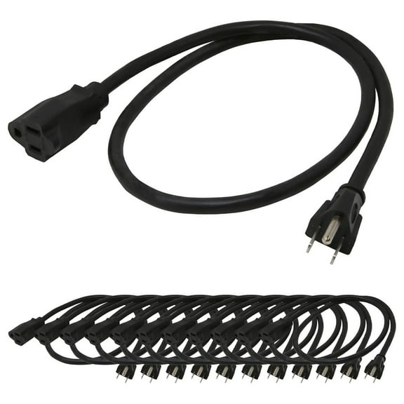 3ft Power Extension Cord 12-Pack - 16AWG SJTW Short Extension Cords, 13A 125V, 3-Prong NEMA 5-15P to 5-15R, Black, UL Listed - Power Strip Extender