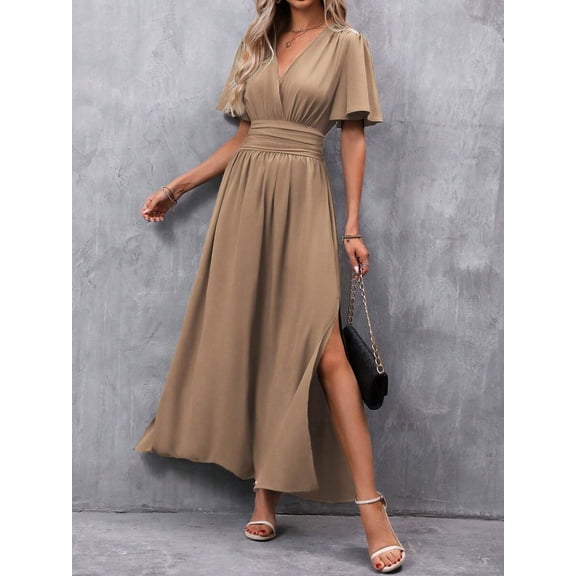 Mocha Brown V-Neck Butterfly Sleeve High Slit Maxi Dress For Women