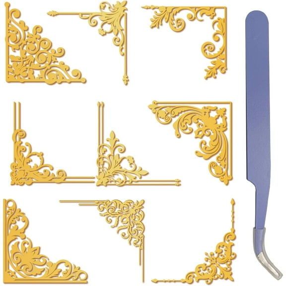 9Pcs Floral Edge Tiles Gold Metal Stickers 1.5 x 1.5in Decal with Tweezer Border Corner Waterproof Self-Adhesive Decorate Sticker
