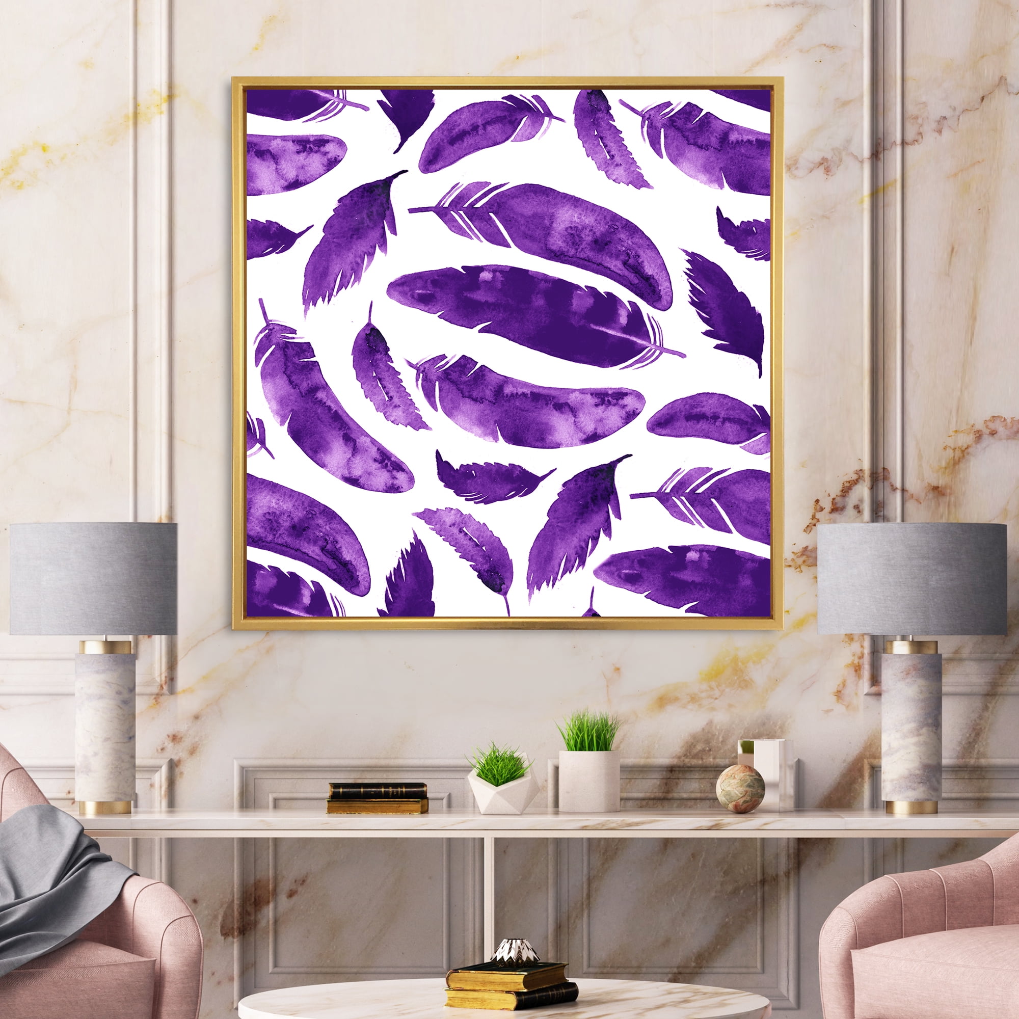 Designart 'Ethnic VIolet Feathers On White' Bohemian & Eclectic Framed Canvas Wall Art Print