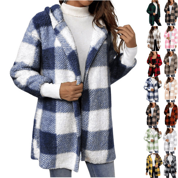 Womens Plaid Jacket Blue Hooded Long Sleeved Plush Loose Cardigan Jacket M