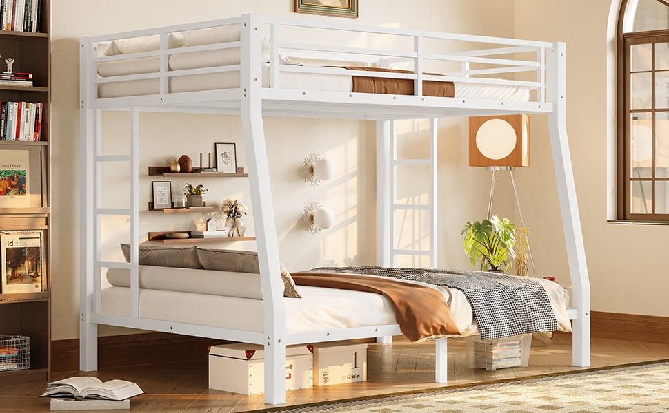 Mintazer Full XL Over Queen Metal Bunk Bed with 2 Side Ladders & Guardrails for Bedrooms Teens Adults, White