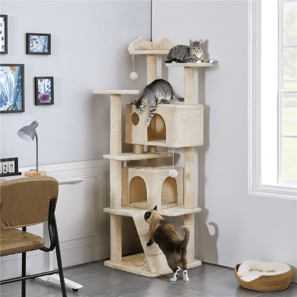 Alden Design 70" H Double Condo Cat Tree with Scratching Post Tower, Cream