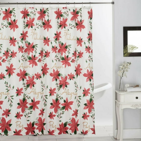 Holiday Shower Curtain Dobby Printed Christmas Design Bathroom Decor 70" x 70" - Poinsettia Feliz Navidad