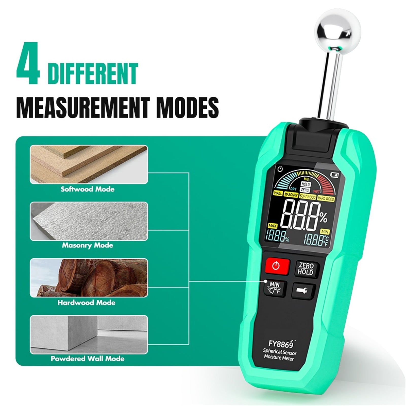 Digital Wood Moisture Meter Non-destructive Spherical Hygrometer Record Humidity Auto Detect Timber Damp Detector