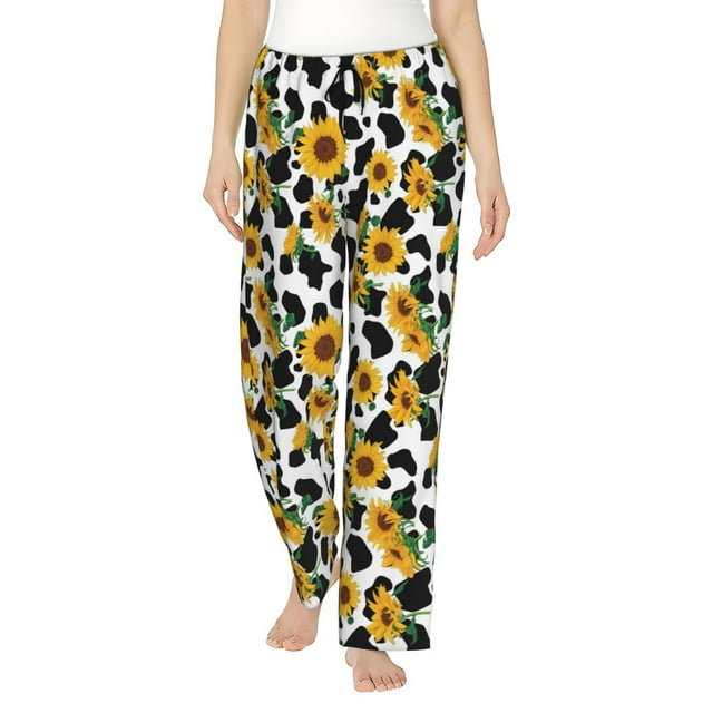 Fotbe Cute Cow Print Sunflower A Pantalones de Pijama para Mujer, Pantalones de Dormir, Pantalones Pj con Cordón y Bolsillos-Small