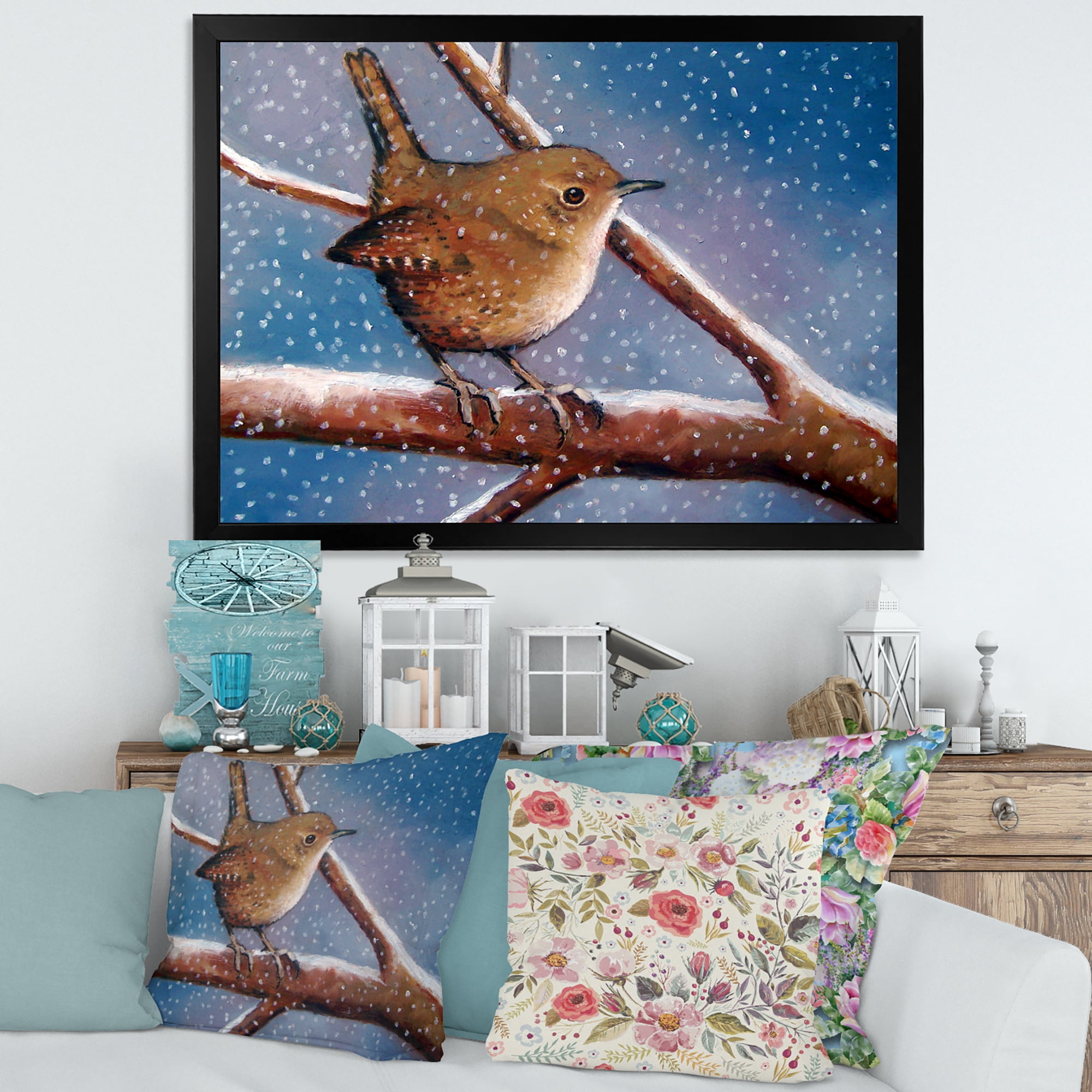 Designart 'Wren Bird On Branch In Winter' Farmhouse Framed Art Print