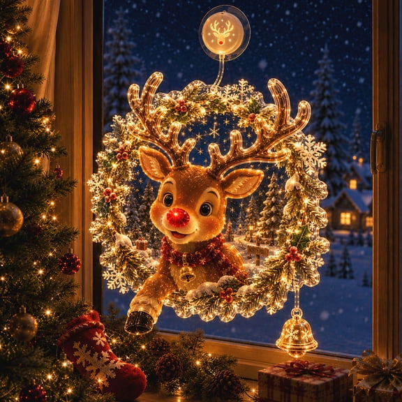 Light Up Christmas Window Decorations, 7" Reindeer Window Hanging Lights with Suction, Battery Operated Christmas Lights for Window Wall Mantel Room by XSAOP