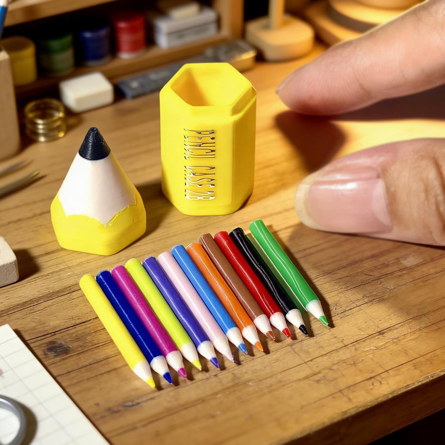 4 Set Mini Colored Pencil Set with Red Storage Case, Tiny Dollhouse Desk Accessories for Miniature Scenes, Realistic Micro Stationery for Doll Room Classroom DIY Craft Gift(wwx)