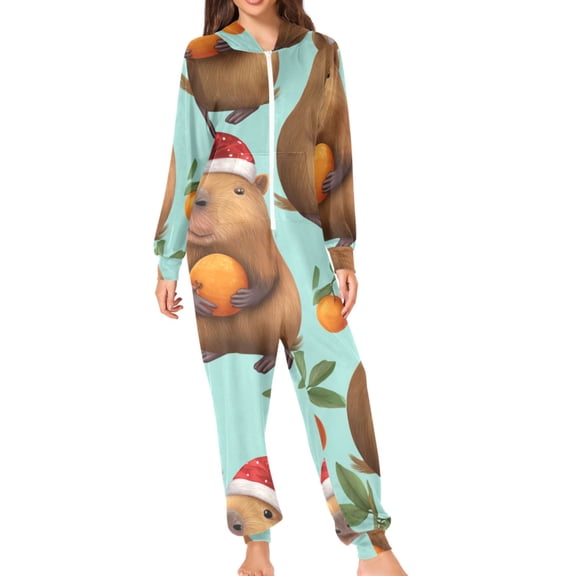 Cute Capybara with Orange Christmas Adult's Hoodie Onesie Jumpsuit One-Piece Pajamas with Zipper Unisex for Holiday S