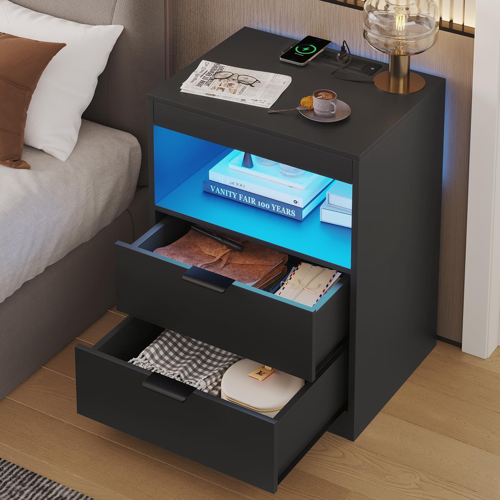 Black Nightstand Set of 2, Nightstand with LED Light and Wireless Charging Station, Night Stand with Drawers & Pull-Out Shelf, Modern Bedside Table with Storage, End Table Side Table