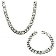 Stainless Steel Silver-Tone Mens Classic Cuban Link Chain Necklace Bracelet Set