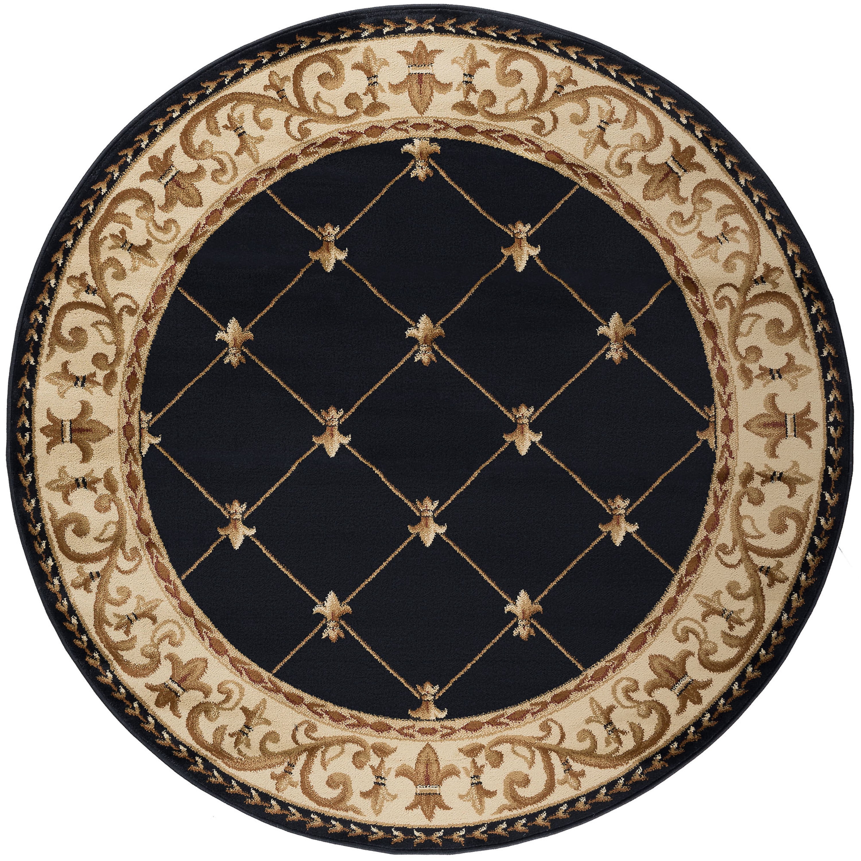 Sensation Traditional 5' Round Black and Beige Polypropylene Indoor Area Rug
